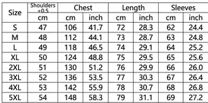 Detailed measurement chart for men's corduroy long-sleeve casual shirt, sizes S up to 5XL.
