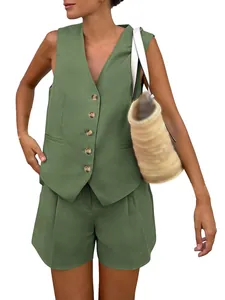 Completo Donna Casual Due Pezzi Top And Bottom Scollo a V Monopetto Gilet Senza Maniche e Pantaloncini in Poliestere
