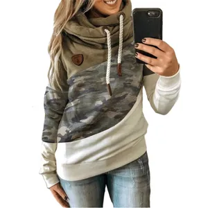 Women's cowl neck color-block hoodie with camouflage and olive green patchwork panels