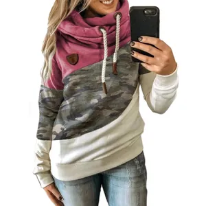 Women's color-block camouflage cowl neck hoodie with drawstring, casual loose fit style.