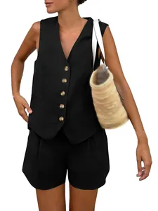Elegante completo nero 2 pezzi da donna con gilet con scollo a V e pantaloncini abbinati