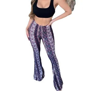 Pantalon évasé à imprimé floral bohème pour femme leggings à taille haute extensible