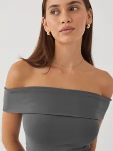 Macro detail of sexy grey off-the-shoulder ribbed knit tube top for women summer fashion