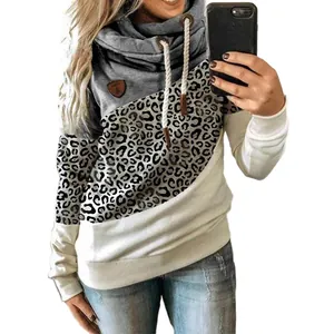 Detailed view of women's leopard print patchwork hoodie with a stylish cowl neck design