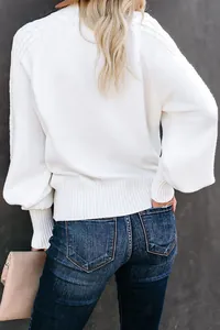 Back view of elegant white lantern sleeve knitted sweater with ribbed hem and cuffs