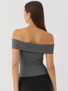 Chic grey off-shoulder slim fit top for women featuring an elegant back view detail