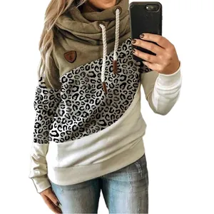 Casual color-block leopard print hoodie with cowl neck and adjustable drawstrings
