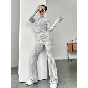 Women Slim Fit Ribbed Knitted Top And Bottom Solid Color High Neck Long Sleeve Crop Top Wide Leg Pants Casual Lounge Outfit