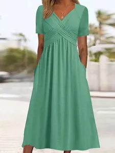 Robe Midi Élégante pour Femme Col en V Manches Courtes Couleur Unie Été Taille Haute Plissée Grande Balançoire Robe Décontractée