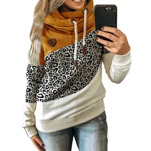 Women's patchwork leopard print sweatshirt featuring a stylish cowl neck and drawstring