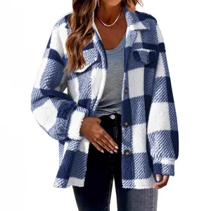 Cozy blue and white plaid lamb fleece jacket with pockets and buttons for winter