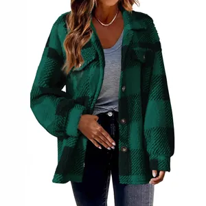 Women's green plaid sherpa jacket with pockets and button-down front for autumn