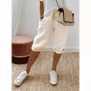 Herren Sommer-Freizeitshorts aus Baumwollleinen mit Kordelzug und Taschen, Beige