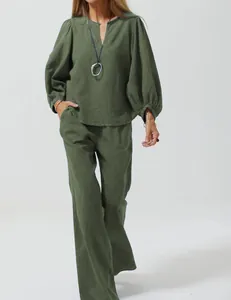 Detailed view of women olive green cotton-linen V-neck long sleeve top and pants set
