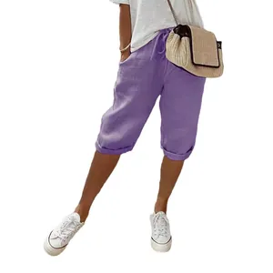 Lässige lila Baumwolle Leinen 3/4 Hose mit elastischem Bund und Taschen für Sommer