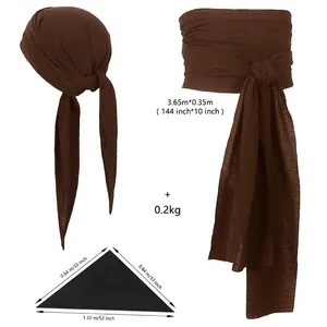 Brown pirate headscarf and waist sash costume set with dimensions and weight info