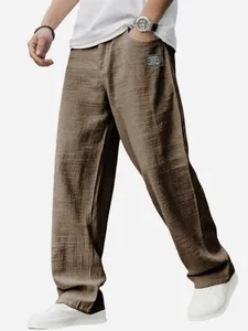 Pantalon décontracté pour homme en coton et lin, coupe ample, marron terreux