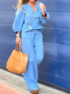 Casual blue cotton linen two-piece set featuring V-neck top and wide leg straight pants