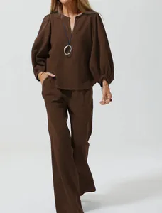 Casual brown cotton linen two-piece set with V-neck top and wide-leg trousers