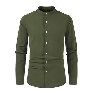 Olive green men's long-sleeve cotton-linen shirt featuring a stylish band collar