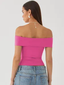 Back view of a vibrant pink off-the-shoulder slim fit top for women's summer fashion.