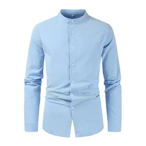Detail of a light blue linen long-sleeve shirt with a stylish mandarin collar for men.
