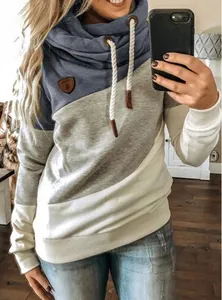Detail of color-block turtleneck hoodie with drawstring cowl neck and casual fit.