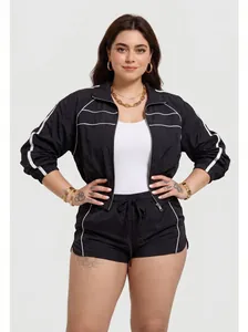 Plus size two-piece sports tracksuit with jacket and shorts in black and white