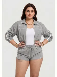 Detailed shot of gray two-piece plus size athletic tracksuit set with white contrast trim