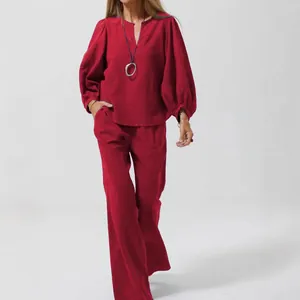 Women Casual Cotton Linen V-Neck Long Sleeve Top And Bottom Pants Set Spliced Loose Straight Trousers Two Piece Set