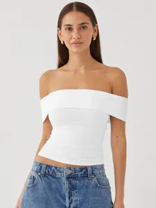 Close-up of white off-the-shoulder ribbed tube top for women, showing summer style.