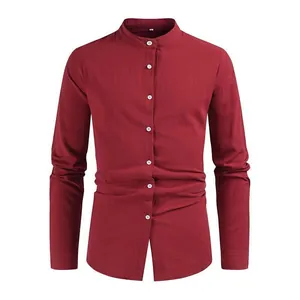 Men's solid red cotton linen long-sleeve shirt with mandarin collar