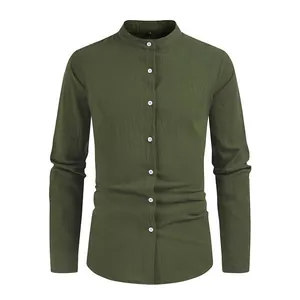 Men's solid color cotton linen long sleeve shirt with round neck and white buttons