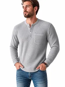 Lässiges langärmeliges Waffelstrick-Henley-Shirt für Herren mit Knopfleiste in Grau
