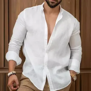 Men's Casual Cotton Blend Long Sleeve Shirt Solid Color Turn-down Collar Button-down Fashion Leisure Breathable Top For Men