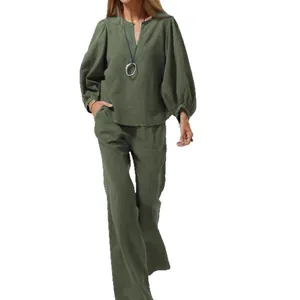 Casual army green linen two-piece set with V-neck long sleeve top and wide leg pants