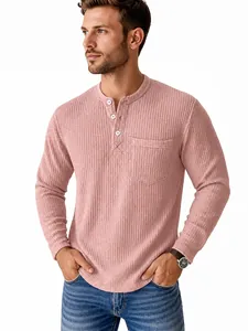 Herren Freizeithemd Rosa Langarm Waffelstrick Henley-Shirt mit geknöpfter Brusttasche