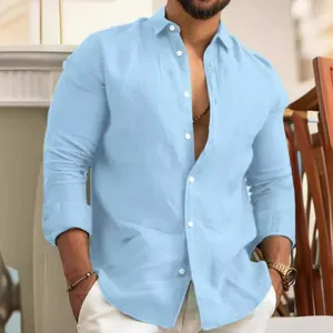 Classic men's light blue cotton linen long sleeve casual shirt for everyday comfort