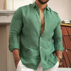 Premium men's casual long-sleeved green linen cotton shirt featuring a minimalist solid design.