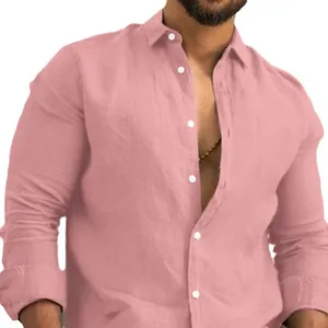 Stylish pink cotton linen shirt for men featuring a casual long sleeve slim fit design