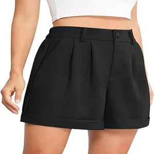 Elegantes pantalones cortos negros de talle alto y pierna ancha para mujer, ideales para oficina