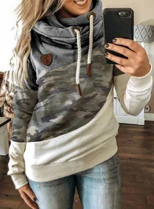 Women's casual cowl neck hoodie featuring color block camouflage and drawstring details.
