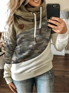 Stylish women's color block camouflage cowl neck hoodie with thick drawstrings detail