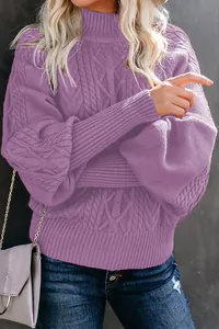 Detailed view of women's purple chunky cable knit sweater with elegant lantern sleeves