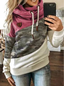 Detailed view of women's color-block camo and burgundy cowl neck drawstring hoodie.