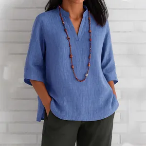 Chemisier Décontracté en Mélange de Coton pour Femmes Col en V Manches 3/4 Coupe Large Chemise en Lin Texturé Couleur Unie Top d'Été
