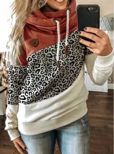Women's colorblock cowl neck hoodie with leopard print and drawstring detail