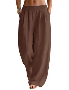 Close-up detail of brown linen wide-leg pants featuring elastic waist and pockets