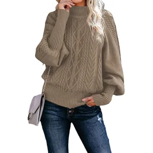 Elegant brown chunky knit sweater for women featuring lantern sleeves and loose fit style