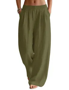 Olive green linen wide leg trousers with elastic waist and side pockets for summer